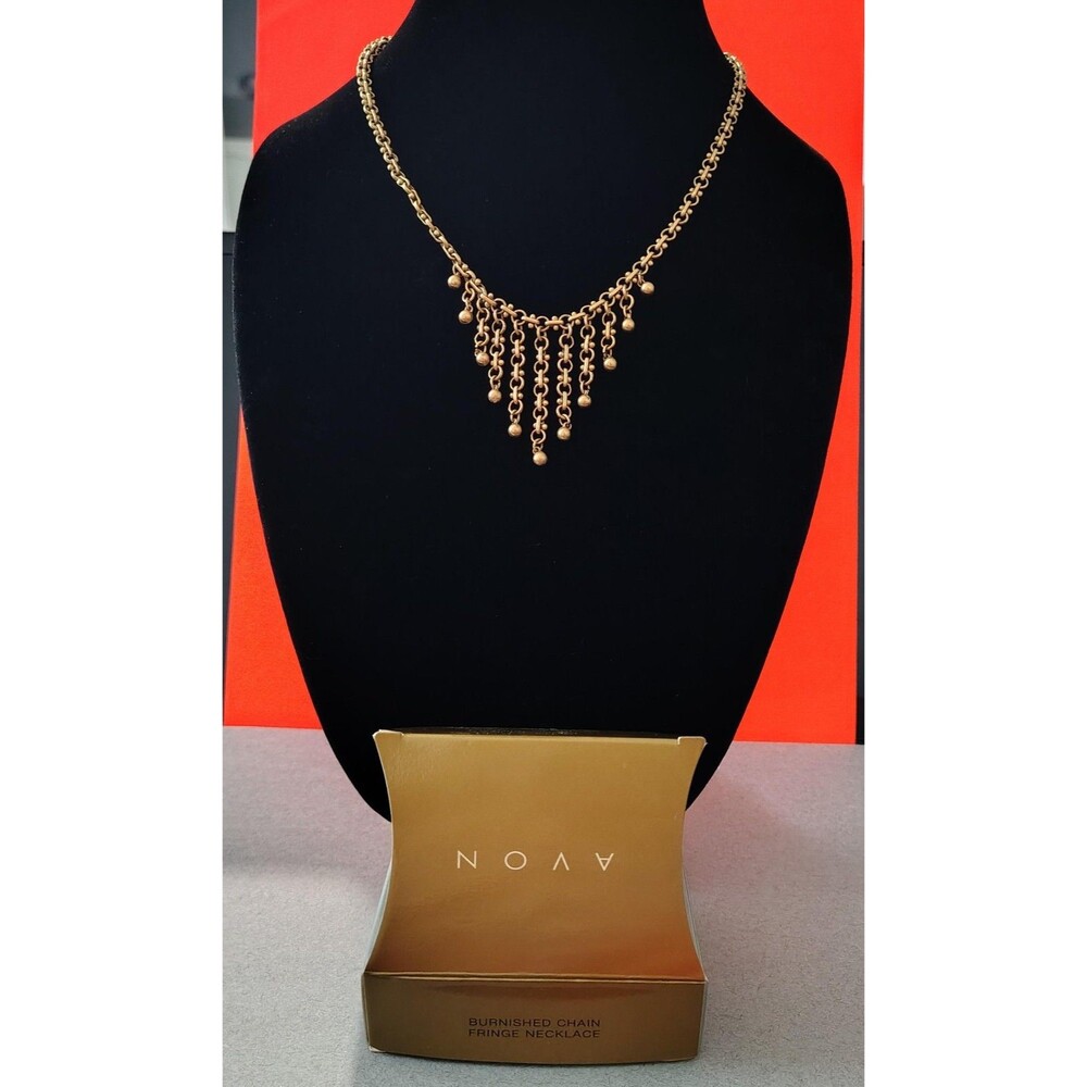 Avon Burnished Chain Fringe Necklace Vintage Gold Tone Boxed Jewelry Gift Bib 1x